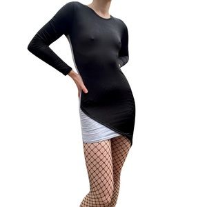 Asymmetrical Black & Gray Color Block Sheer Form Fitting Mini Dress S/XS